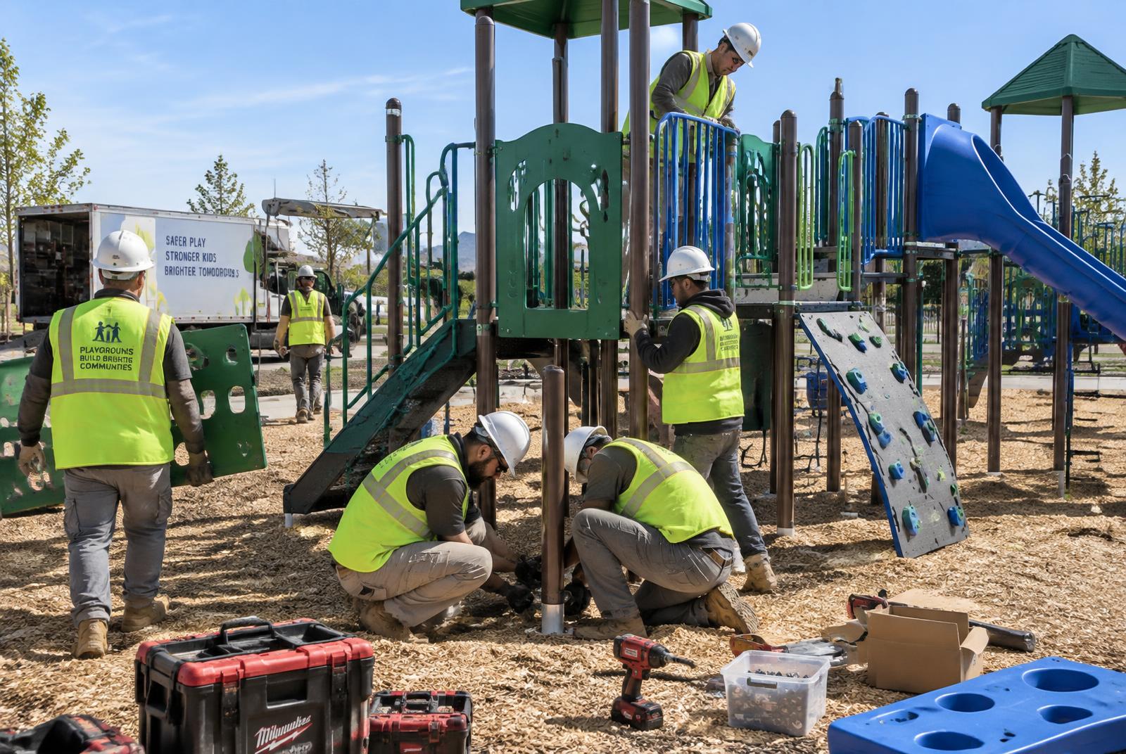 Crew assembling a commercial playground structure on site